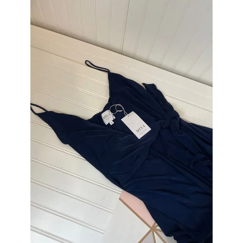 NWT Misa Los Angeles Navy Ever Maxi Dress Leg Slit Revolve Halter Cut Out Size M